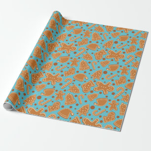 Papel De Presente Pão de Natal Cookie Festivo Azul Sem Semente