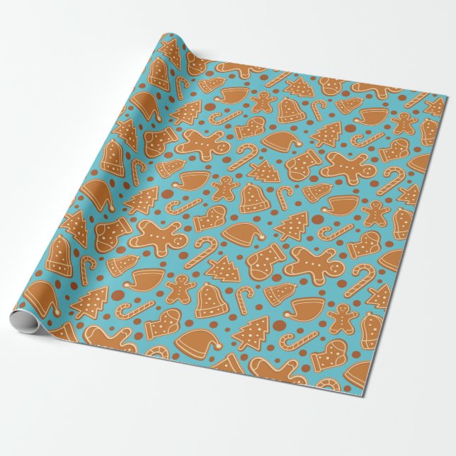 Papel De Presente Pão de Natal Cookie Festivo Azul Sem Semente (Desenrolado)