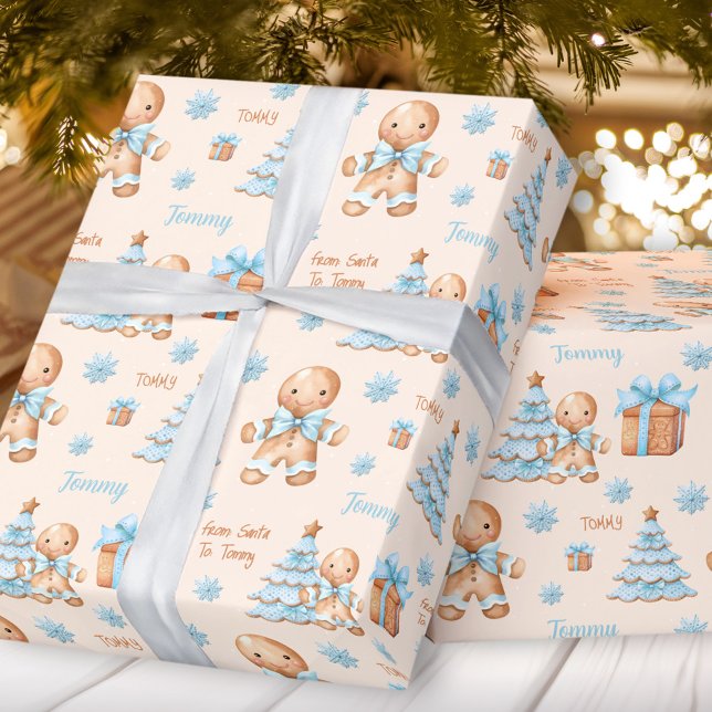 Papel De Presente Pão de Natal Homem Menino Azul Nome bege Texto (Christmas Gingerbread Man Boy Blue Beige Name Text Wrapping Paper)