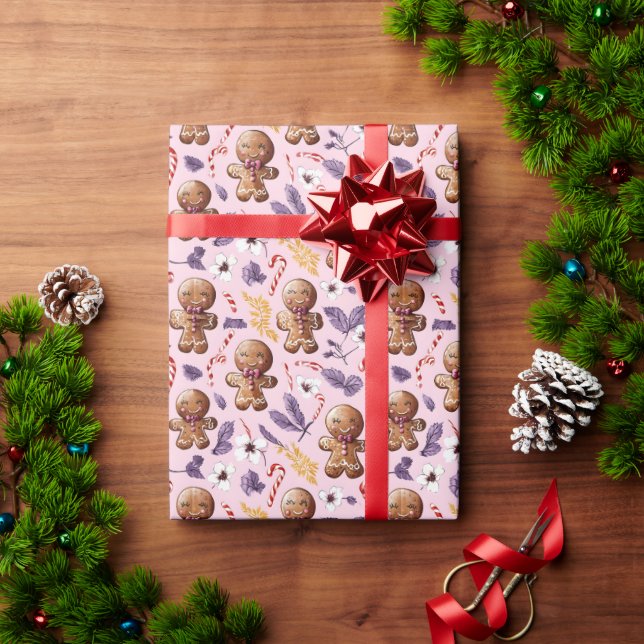 Papel De Presente Pão de Natal rosa e Canas Doces (Presente de Natal)
