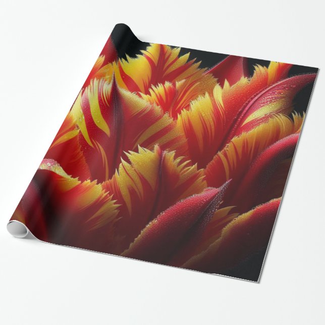 Papel De Presente Papagaio Tulip Floral Vermelho e Amarelo (Desenrolado)