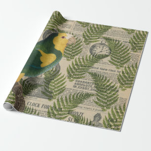 Papel De Presente Papagaio Verde e Amarelo nas Folhas
