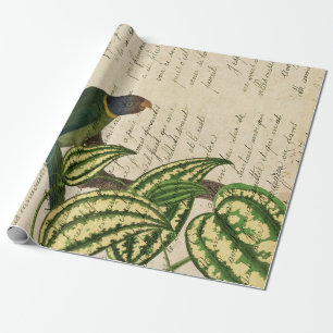 Papel De Presente Papagaio Verde em Ramificação e Folhas