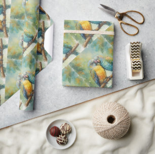 Papel De Presente Papagaios Fofos se Aconchegando no Estilo Aquarela