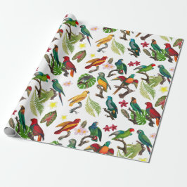 Papel De Presente Papagaios Tropicais Coloridos, Folhas e Flores