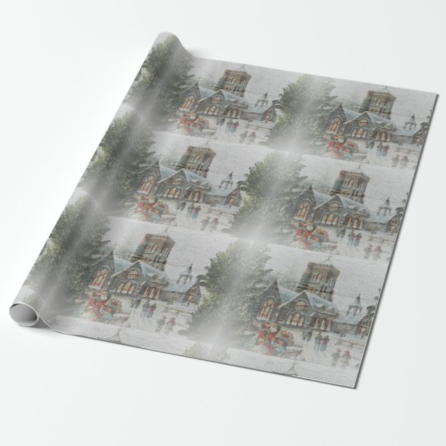 Papel De Presente Papai Noel antigo com crianças em frente a uma igr (Desenrolado)