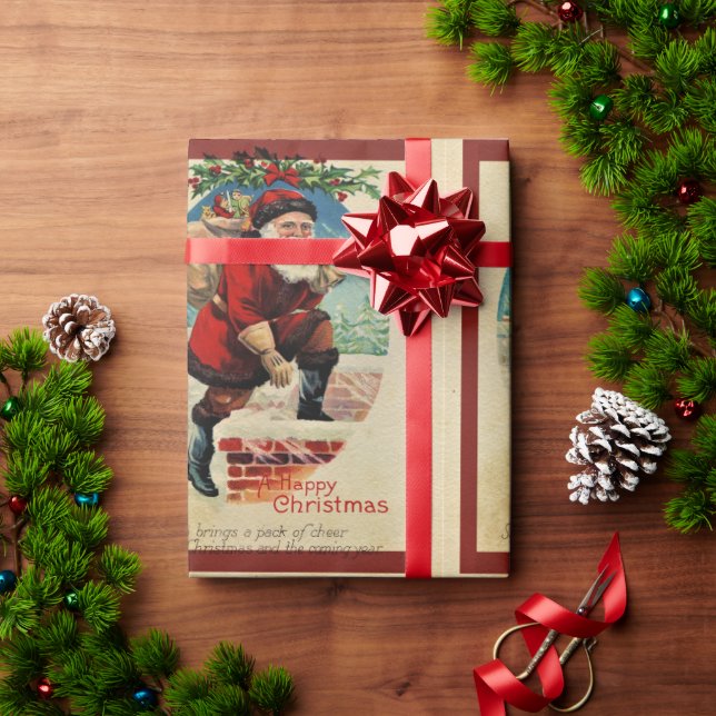 Papel De Presente Papai Noel Antigo com Saco de Brinquedos Natal (Presente de Natal)