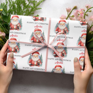 Papel De Presente Papai Noel Bebê Feliz 1º Natal Nome Personalizado