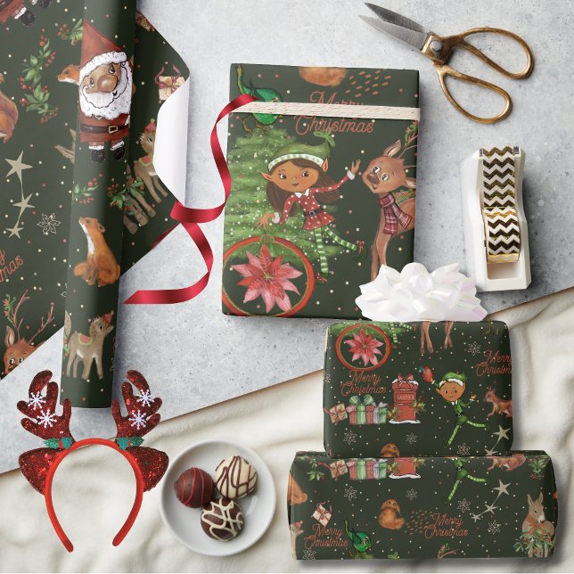 Papel De Presente Papai Noel Caprichoso e Amigos Natal Verde (Whimsical Santa Elf & Friends Christmas Green Wrapping Paper)