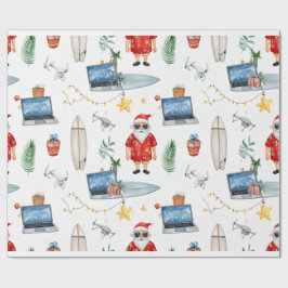 Papel De Presente Papai Noel com computador e prancha de surfe no Na