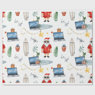 Papel De Presente Papai Noel com computador e prancha de surfe no Na