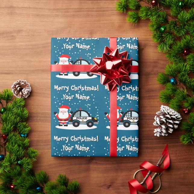 Papel De Presente Papai Noel com desenho animado de carro de polícia (Presente de Natal)