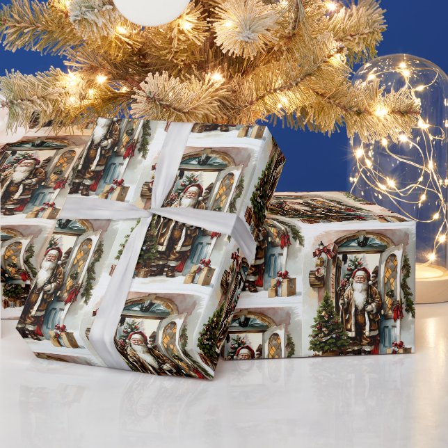 Papel De Presente Papai Noel com Presentes de Natal na Porta (Feriados)