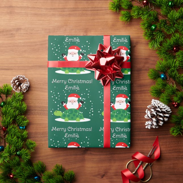 Papel De Presente Papai Noel com tartaruga verde desenho animado Nat (Presente de Natal)