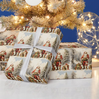 Papel De Presente Papai Noel da Floresta de Natal em Aquarela com Pr