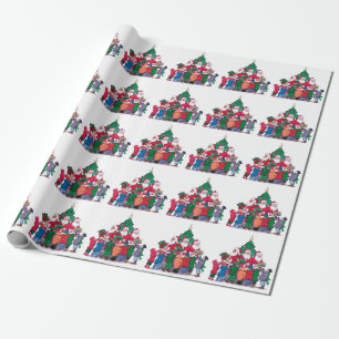Papel De Presente Papai Noel dando presentes às crianças junto à árv