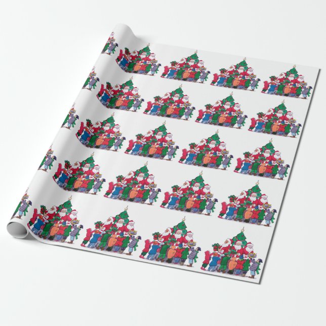 Papel De Presente Papai Noel dando presentes às crianças junto à árv (Desenrolado)