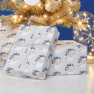 Papel De Presente Papai Noel de Azul Branco com Chapéu Natal