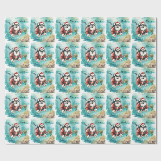 Papel De Presente Papai Noel de Natal mergulhando com tartaruga (Aberto)