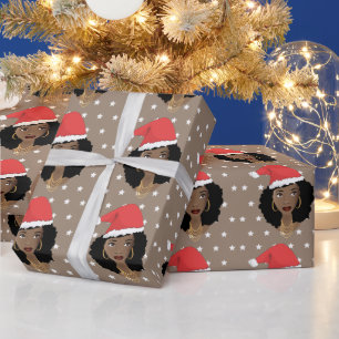 Papel De Presente Papai Noel de Natal, Mulher Negra, Estrelas, Brown