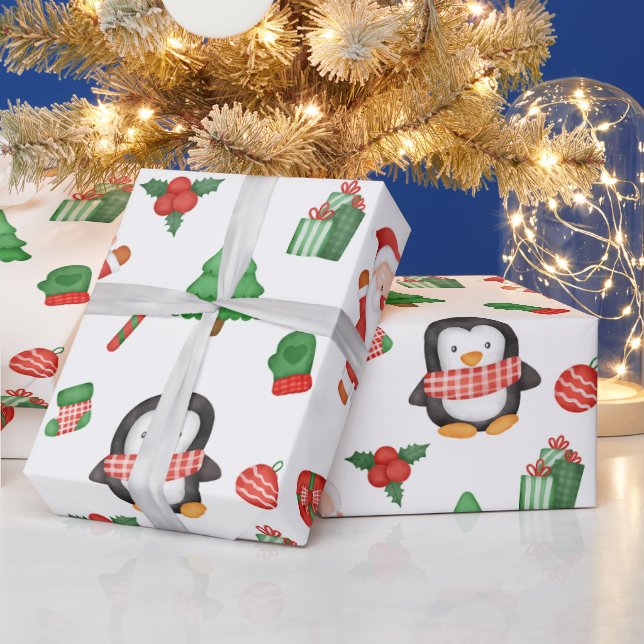 Papel De Presente Papai Noel de Natal, Pinguim e Decorações  (Feriados)