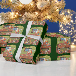 Papel De Presente Papai Noel de Natal Vintage com Elfos na Oficina