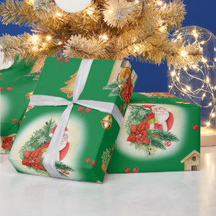 Papel De Presente Papai Noel de Natal Vintage e Decorações Verde 