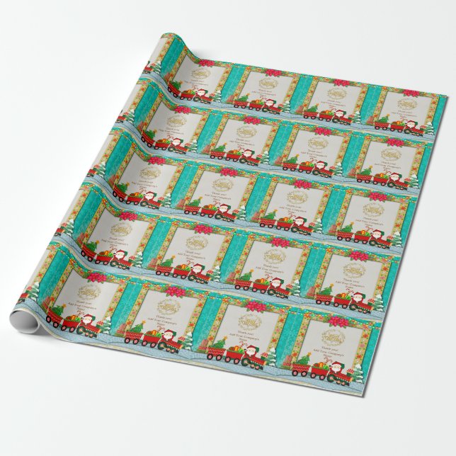 Papel De Presente Papai Noel de Trem com Presentes e Árvore de Natal (Desenrolado)