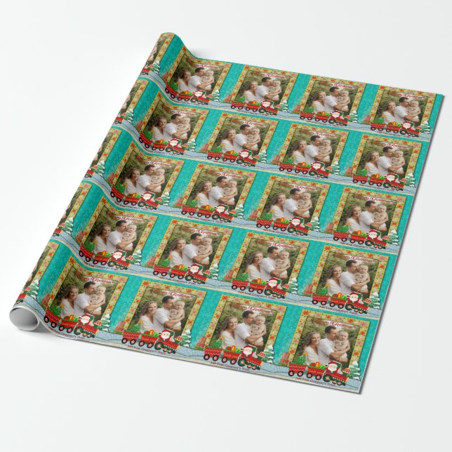 Papel De Presente Papai Noel de Trem com Presentes e Árvore de Natal (Desenrolado)