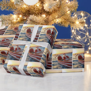 Papel De Presente Papai Noel dirigindo um barco de corrida
