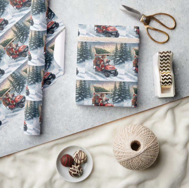 Papel De Presente Papai Noel do Natal de golfe andando de carrinho d (Artesanato)