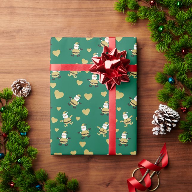 Papel De Presente Papai Noel Dourado Com Corações Dourados  (Presente de Natal)