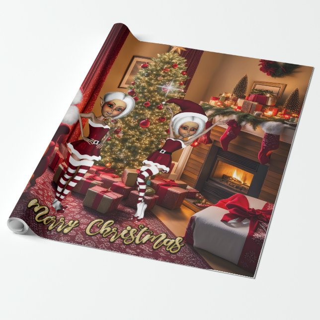 Papel De Presente Papai Noel e Elfos depois do trabalho. (Desenrolado)