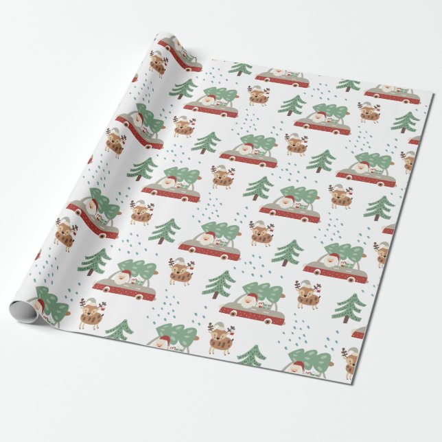 Papel De Presente Papai Noel Engraçado Floresta Nevada Natal (Desenrolado)