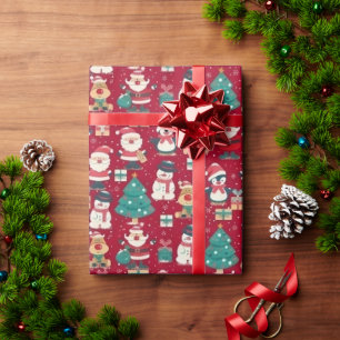 Papel De Presente Papai Noel Fofo e Árvore de Natal com Embrulho Ver