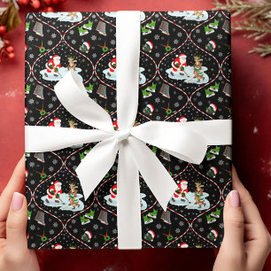 Papel De Presente Papai Noel Jogando Hóquei no Gelo Padrão de Natal