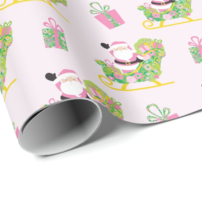 Papel De Presente Papai Noel Preppy de Palm Beach Rosa e Verde (Ponta do rolo)