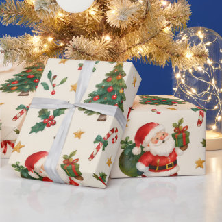 Papel De Presente Papai Noel Rena de Natal em Aquarela Vintage