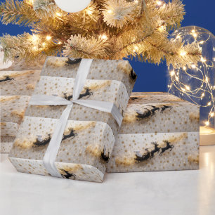 Papel De Presente Papai Noel Rena Trineo Estrelas Douradas Natal