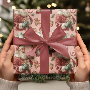 Papel De Presente Papai Noel Rosa Vintage e Natal de Pão de Mel