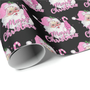 Papel De Presente Papai Noel Rosa Vintage Feliz Natal Preto