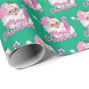 Papel De Presente Papai Noel Rosa Vintage Feliz Natal Verde