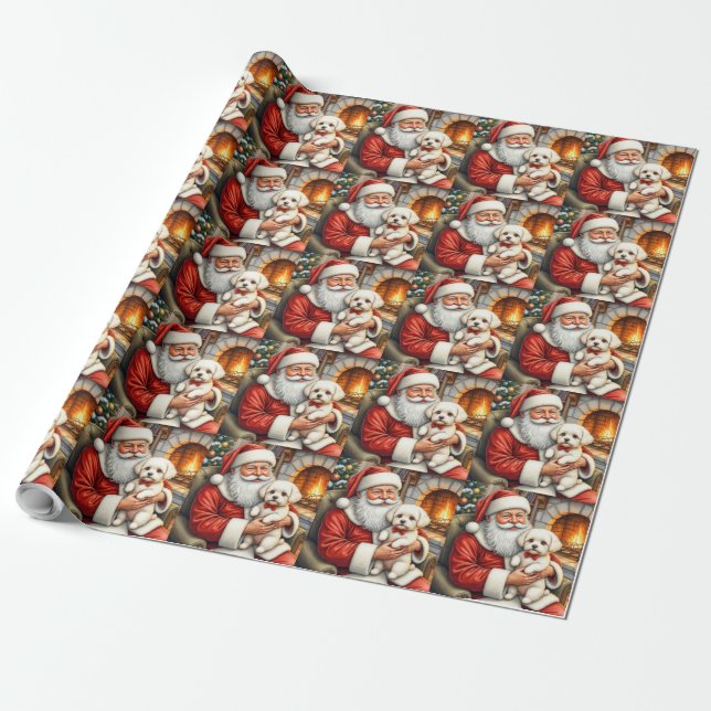 Papel De Presente Papai Noel segurando arte de Natal da Bichon Frise (Desenrolado)