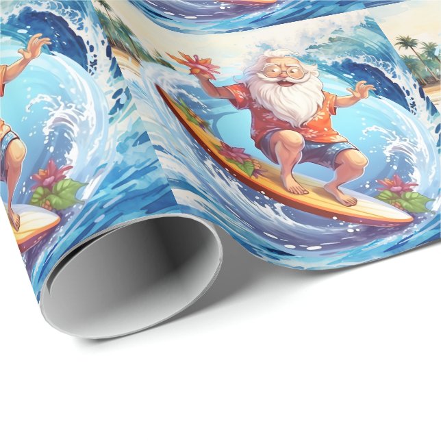 Papel De Presente Papai Noel surfando em onda grande (Ponta do rolo)