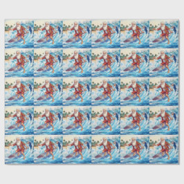 Papel De Presente Papai Noel surfando em uma grande onda