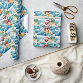Papel De Presente Papai Noel surfando está em uma grande onda no Hav