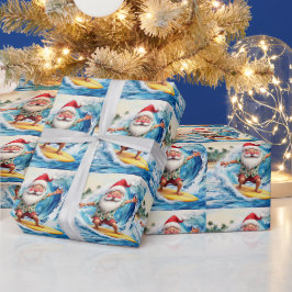 Papel De Presente Papai Noel surfando está numa grande onda no Havaí