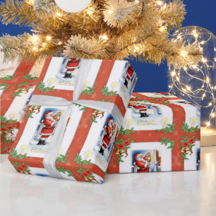Papel De Presente Papai Noel Vintage e Natal de Poinsettia