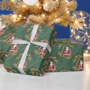 Papel De Presente Papai Noel Vintage em Aquarela e Árvore de Natal