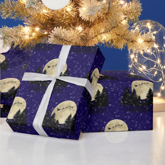 Papel De Presente Papais noeis a voar no Natal Azul Escuro (Feriados)